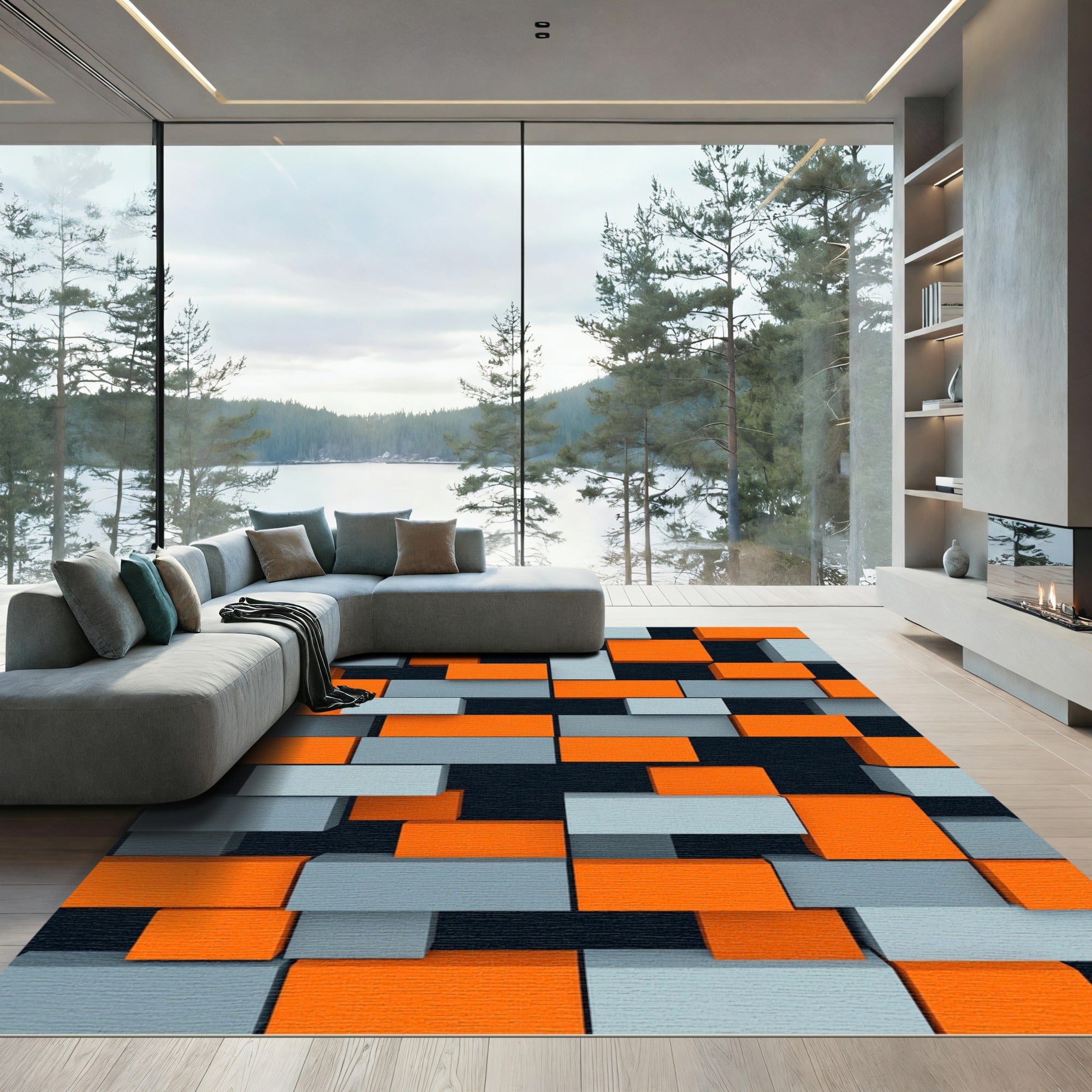 Orange Gray Block Composition Rug