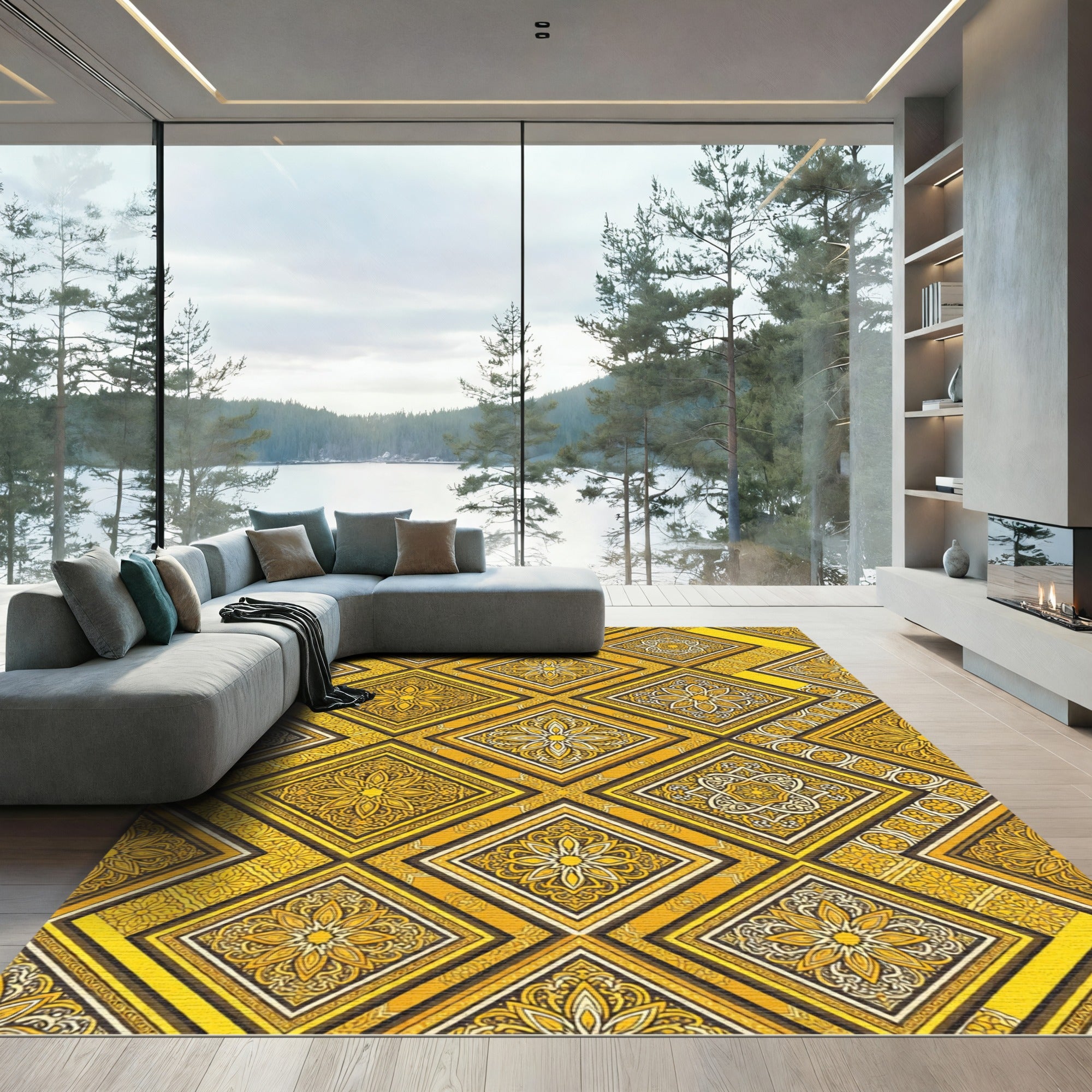 Golden Floral Tile Geometric Damask Rug