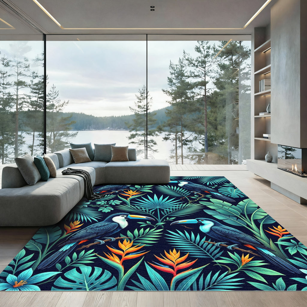 Lush Tropical Toucan Jungle Foliage Rug