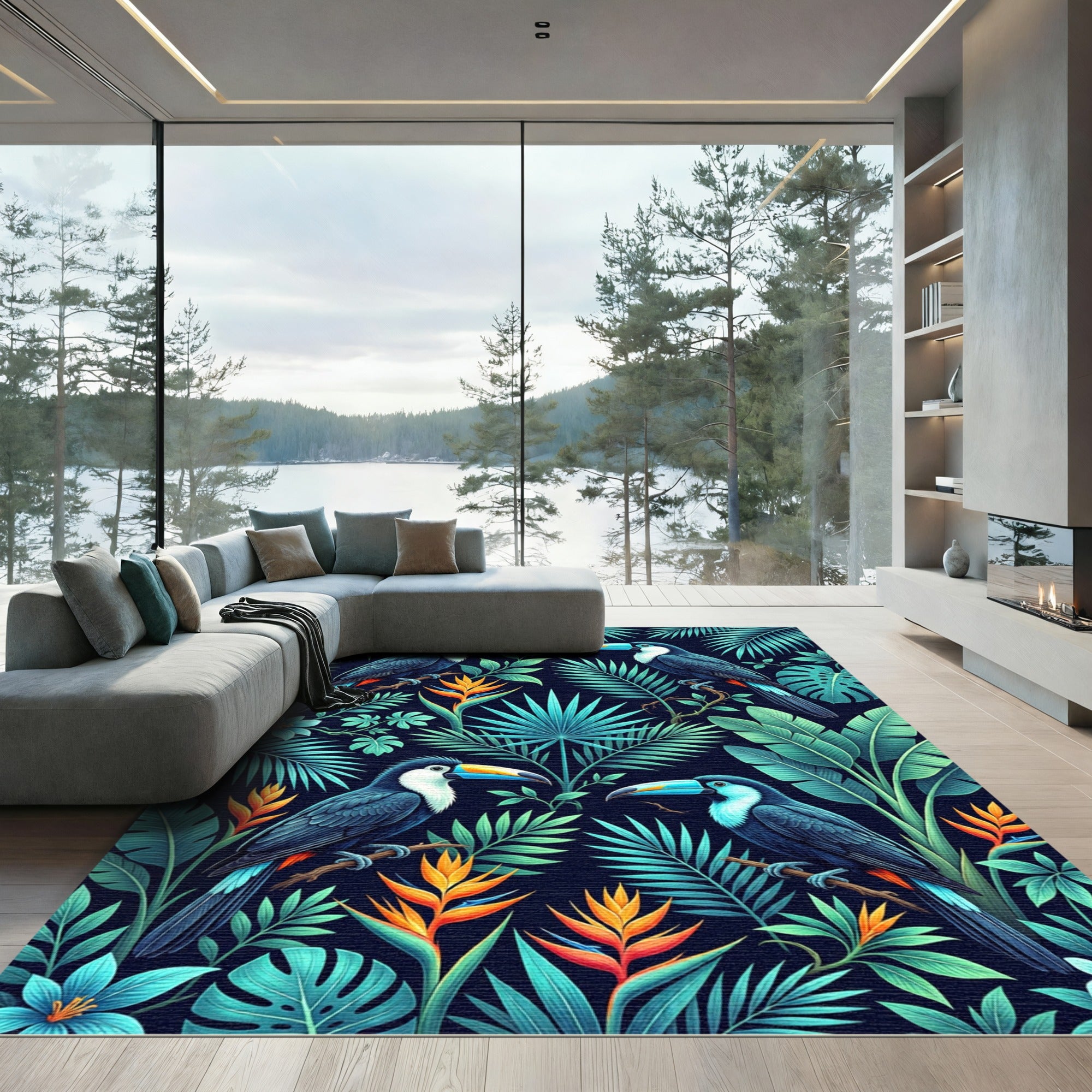Lush Tropical Toucan Jungle Foliage Rug