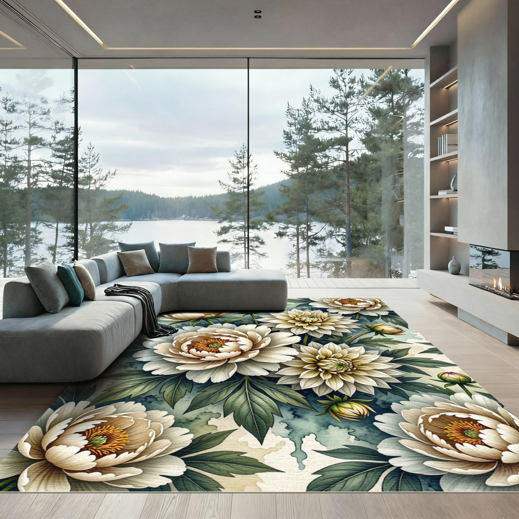 Elegant Cream Peony Watercolor Botanical Rug
