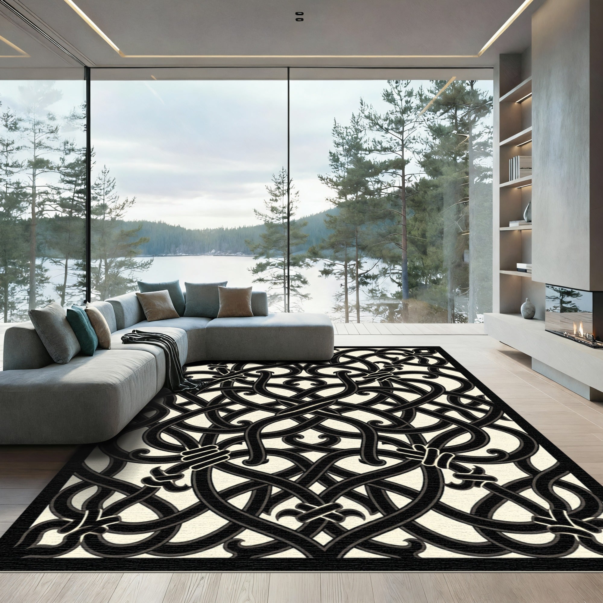 Monochrome Interwoven Gothic Scroll Black Ivory Rug