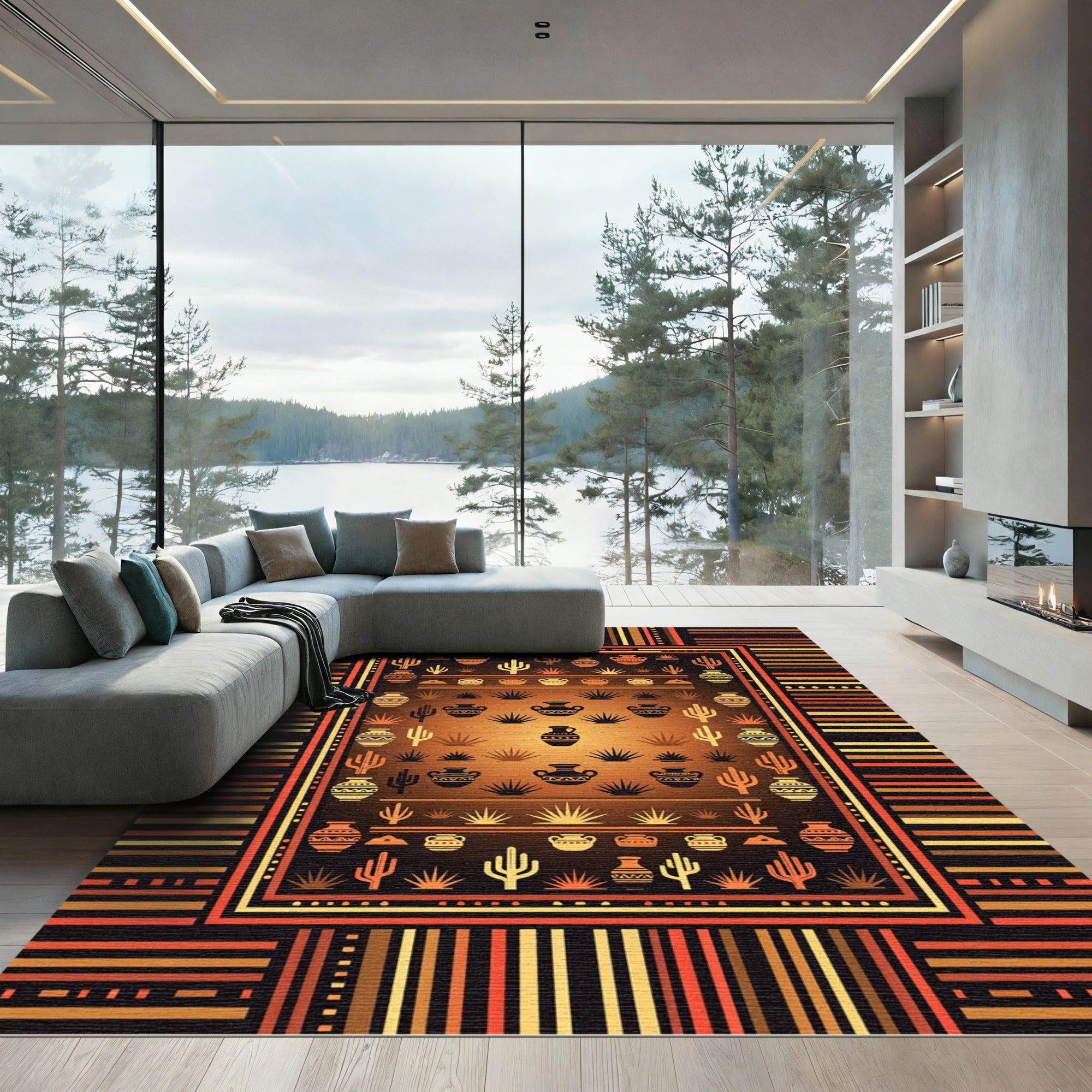 Southwestern Desert Sunset Pottery Cactus Tapestry Rug