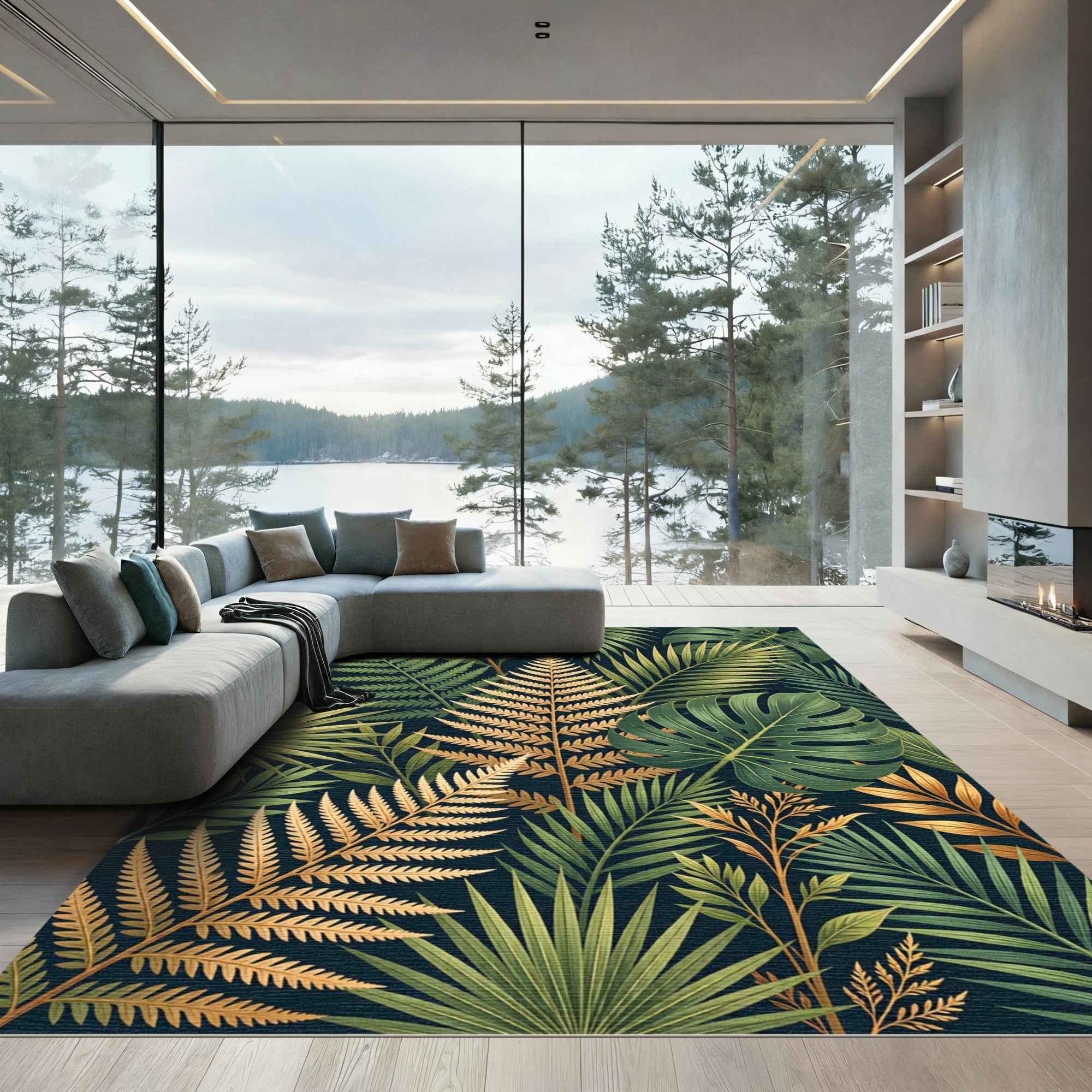 Lush Green and Gold Tropical Foliage Rug