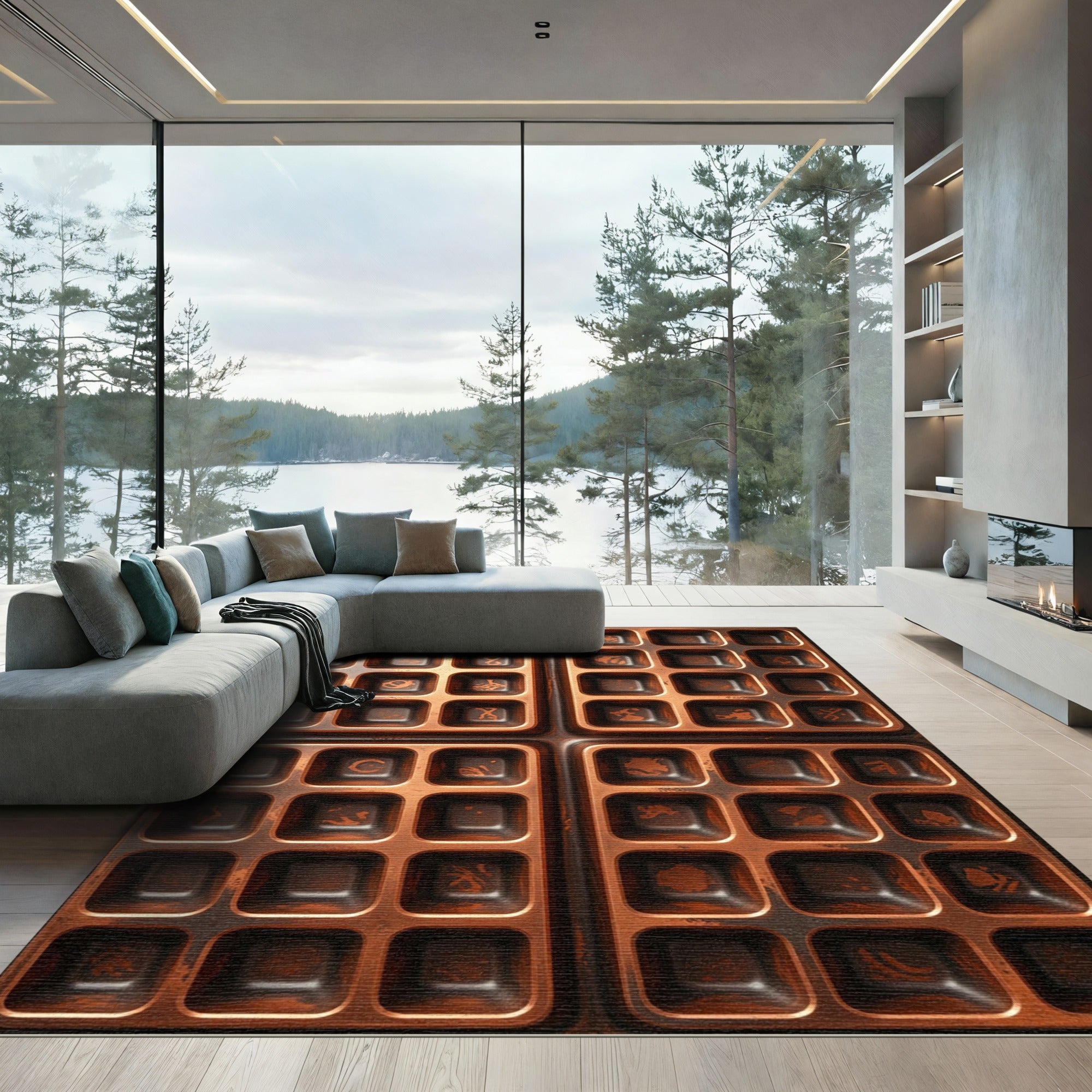 Metallic Bronze Grid Ancient Glyph Art Rug