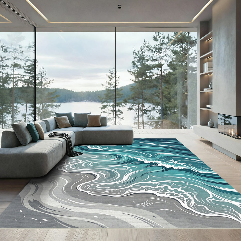 Abstract Teal Ocean Wave Flow Rug