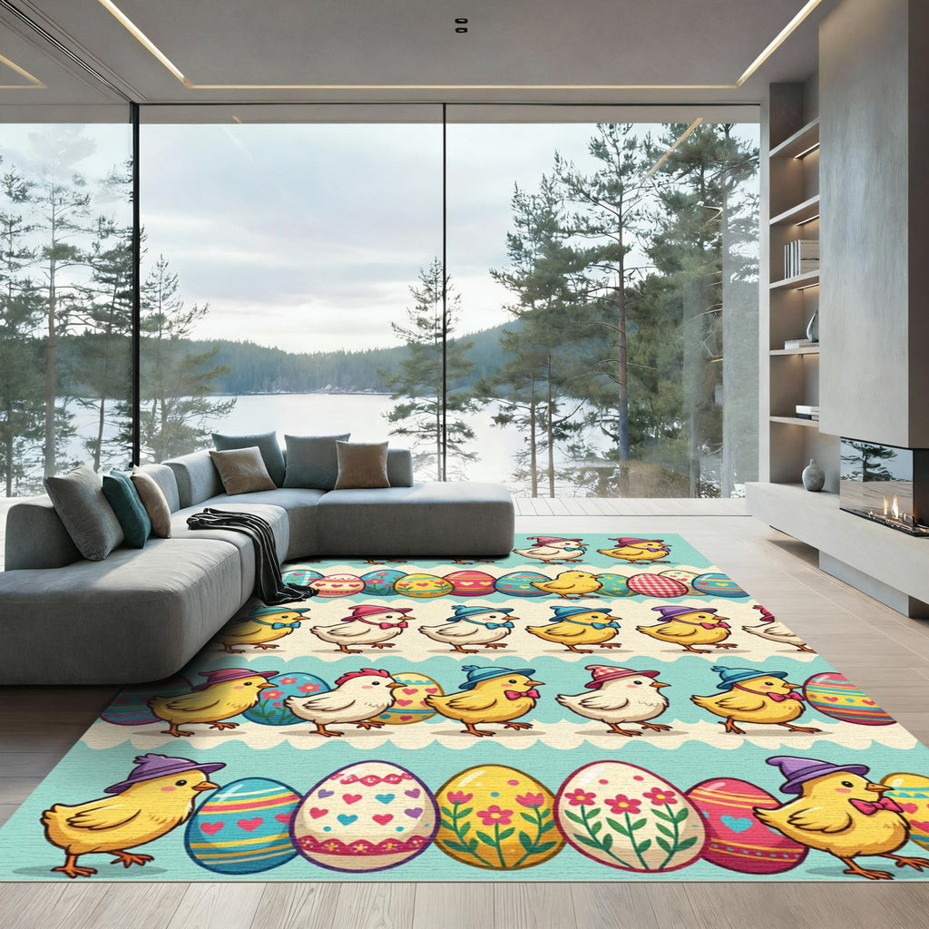 Whimsical Easter Chick and Egg Striped Rug