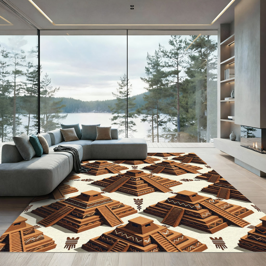 Terracotta Mesoamerican Ziggurat Geometric Step Rug