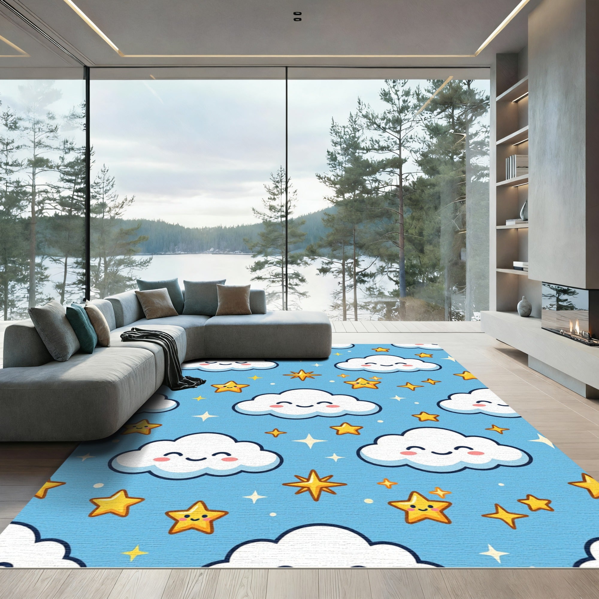 Cute Kawaii Blue Sky Starry Cloud Rug
