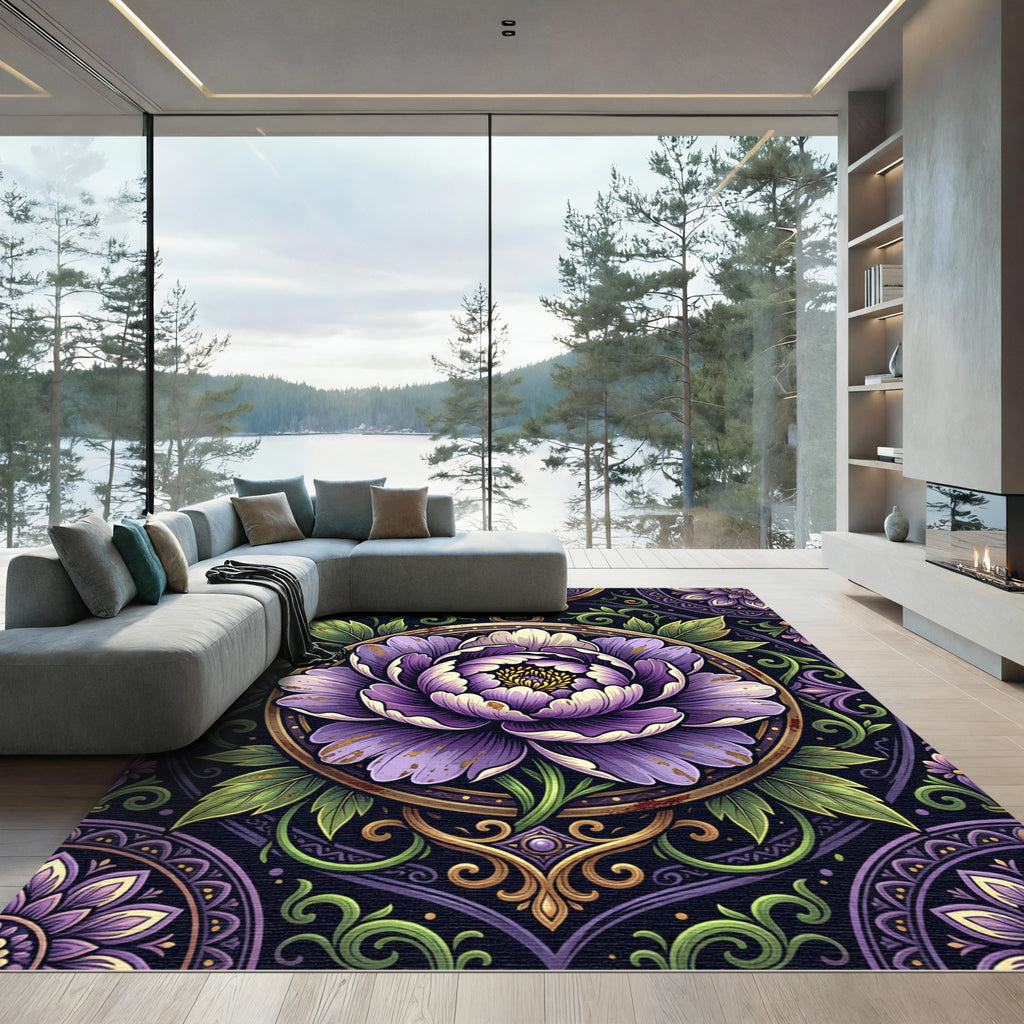 Ornate Violet Peony Floral Medallion Rug