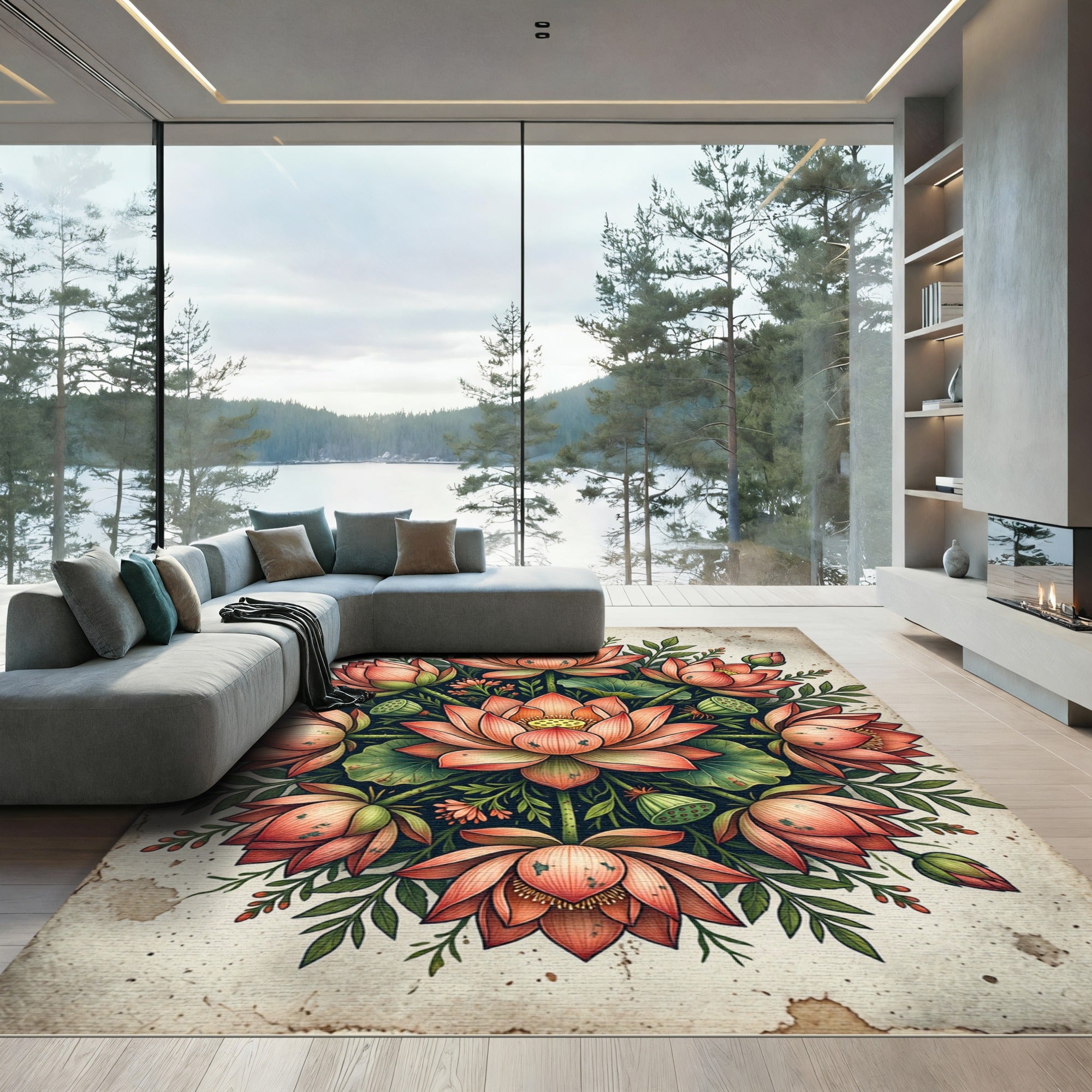 Lotus Bloom Medallion Coral Floral Rug