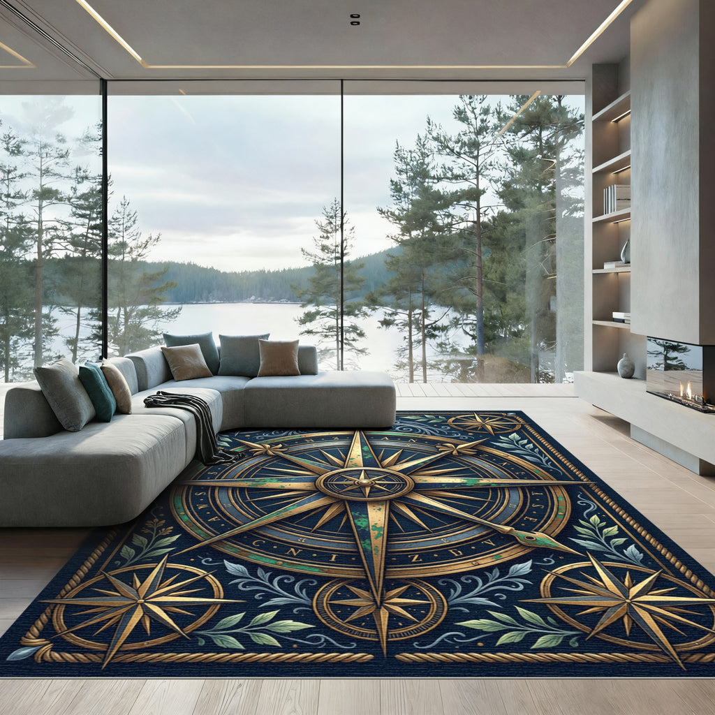 Vintage Navy Golden Nautical Compass Rug