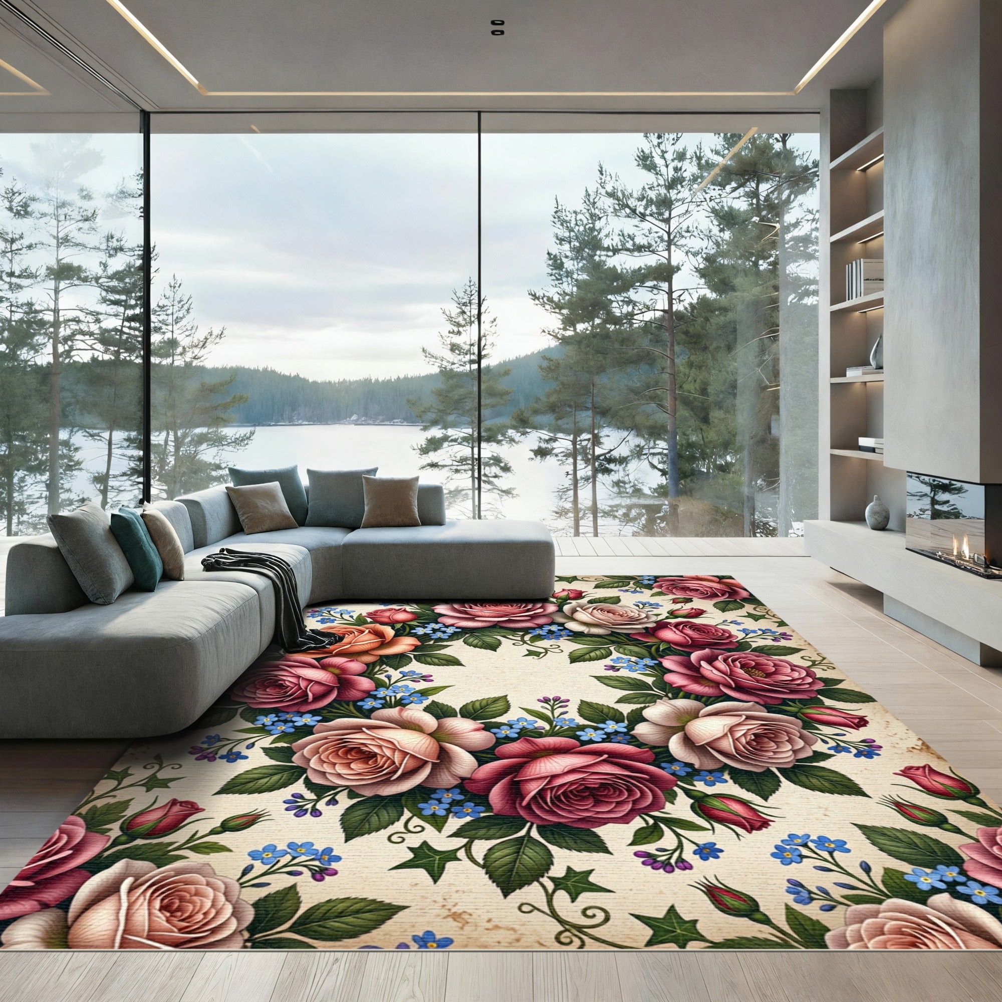 Vintage Floral Rose Wreath Medallion Rug