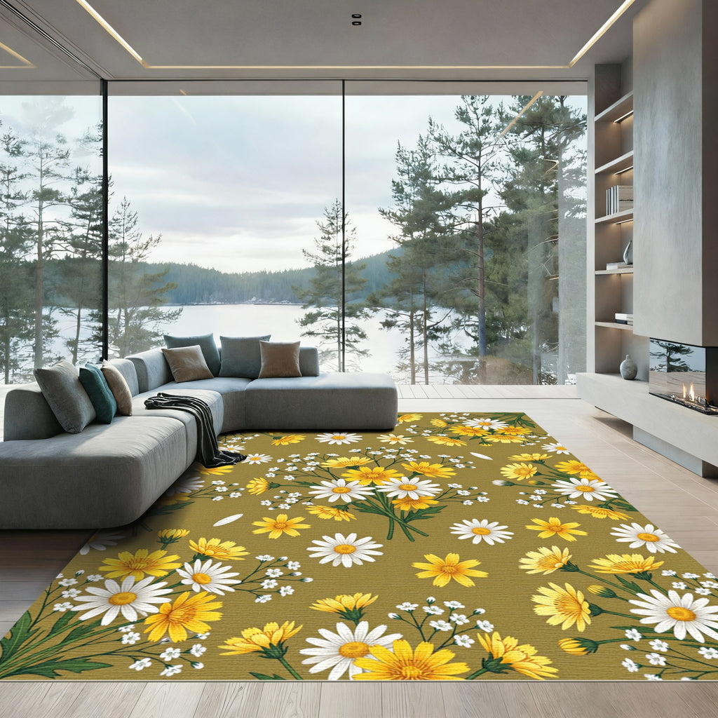 Earthy Olive Golden Daisy Meadow Rug
