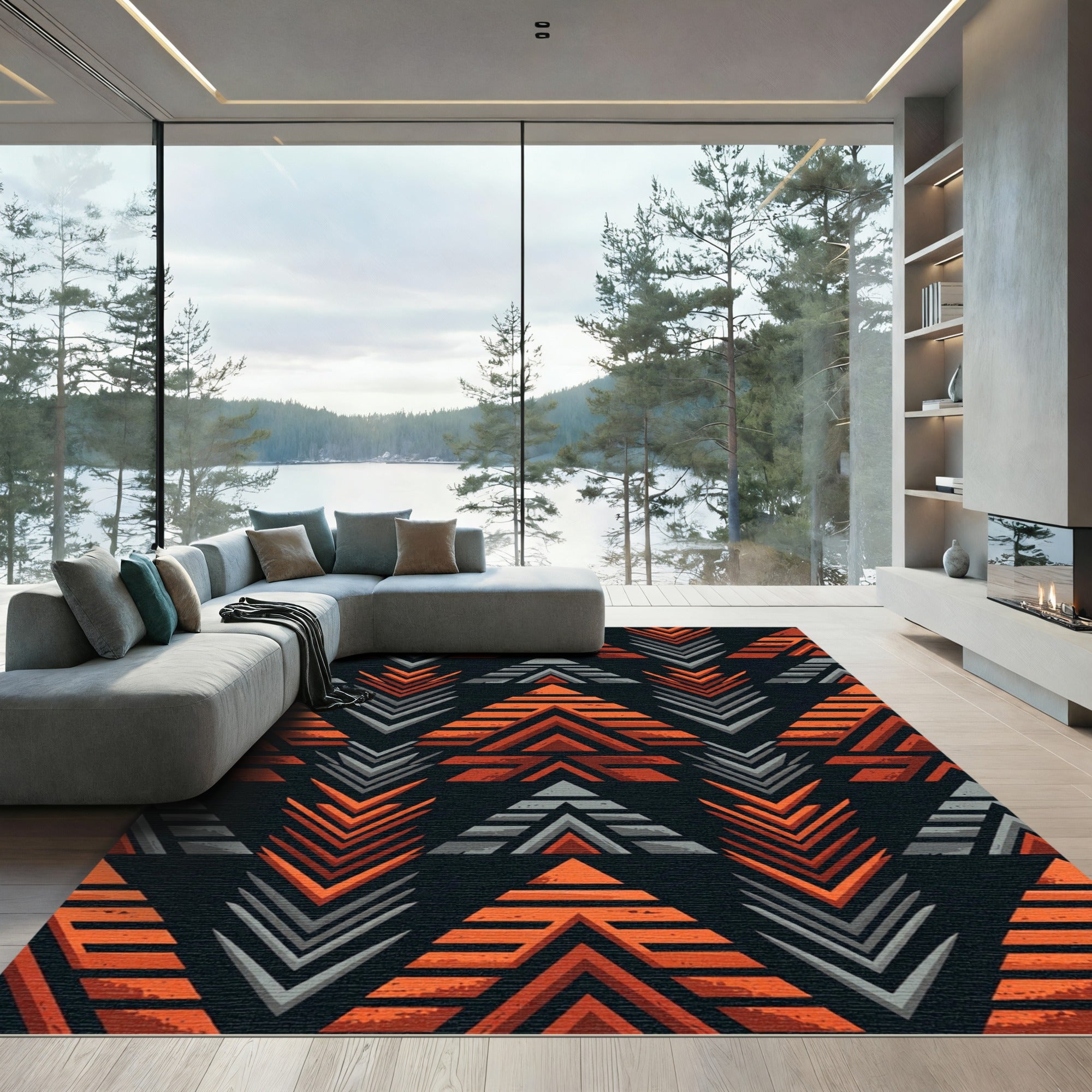 Bold Geometric Orange And Gray Chevron Rug