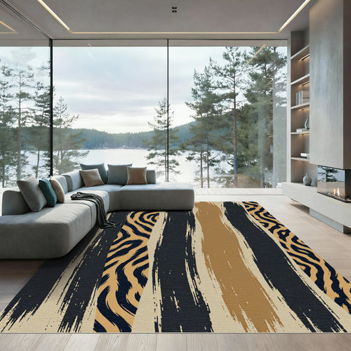 Abstract Gold Black Zebra Stripe Rug