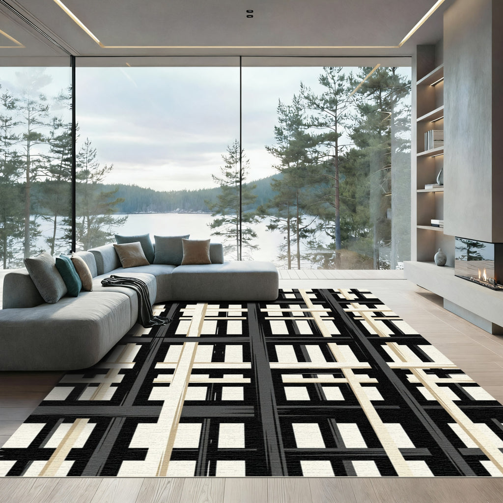Modern Monochrome Grid Checked Area Rug