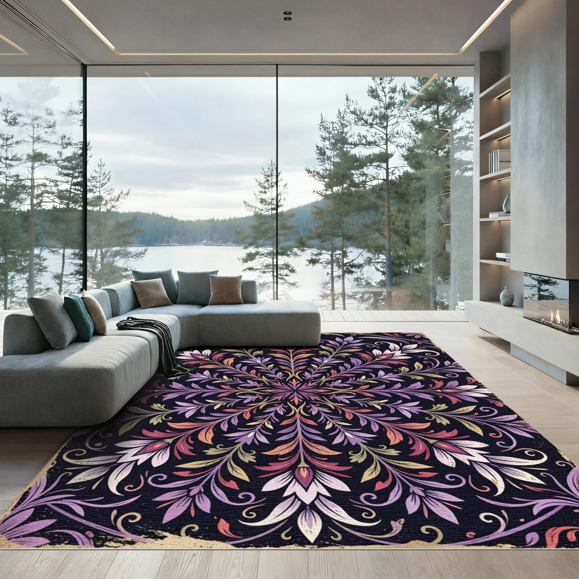 Botanical Purple Floral Symmetry Medallion Rug