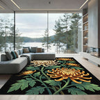Golden Chrysanthemum Floral Black Botanical Rug