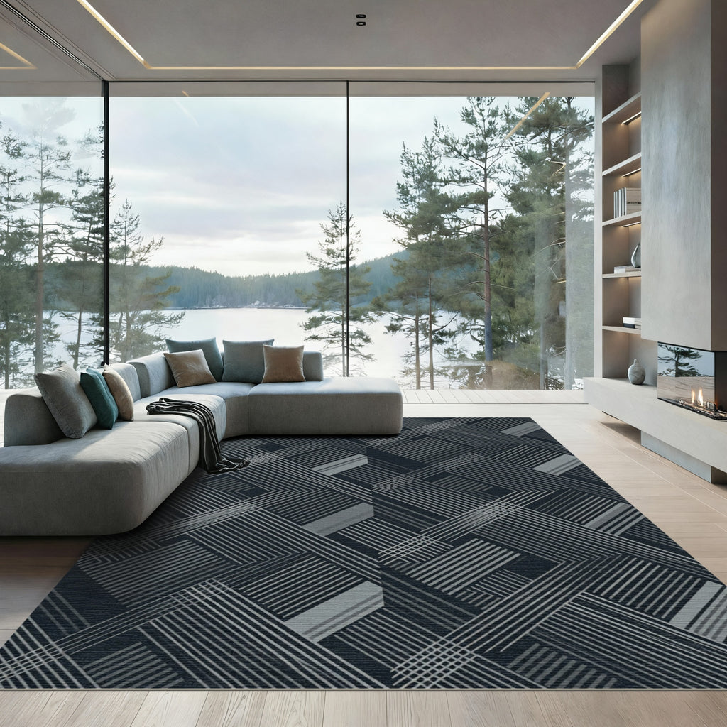Modern Charcoal Gray Intersecting Linear Rug