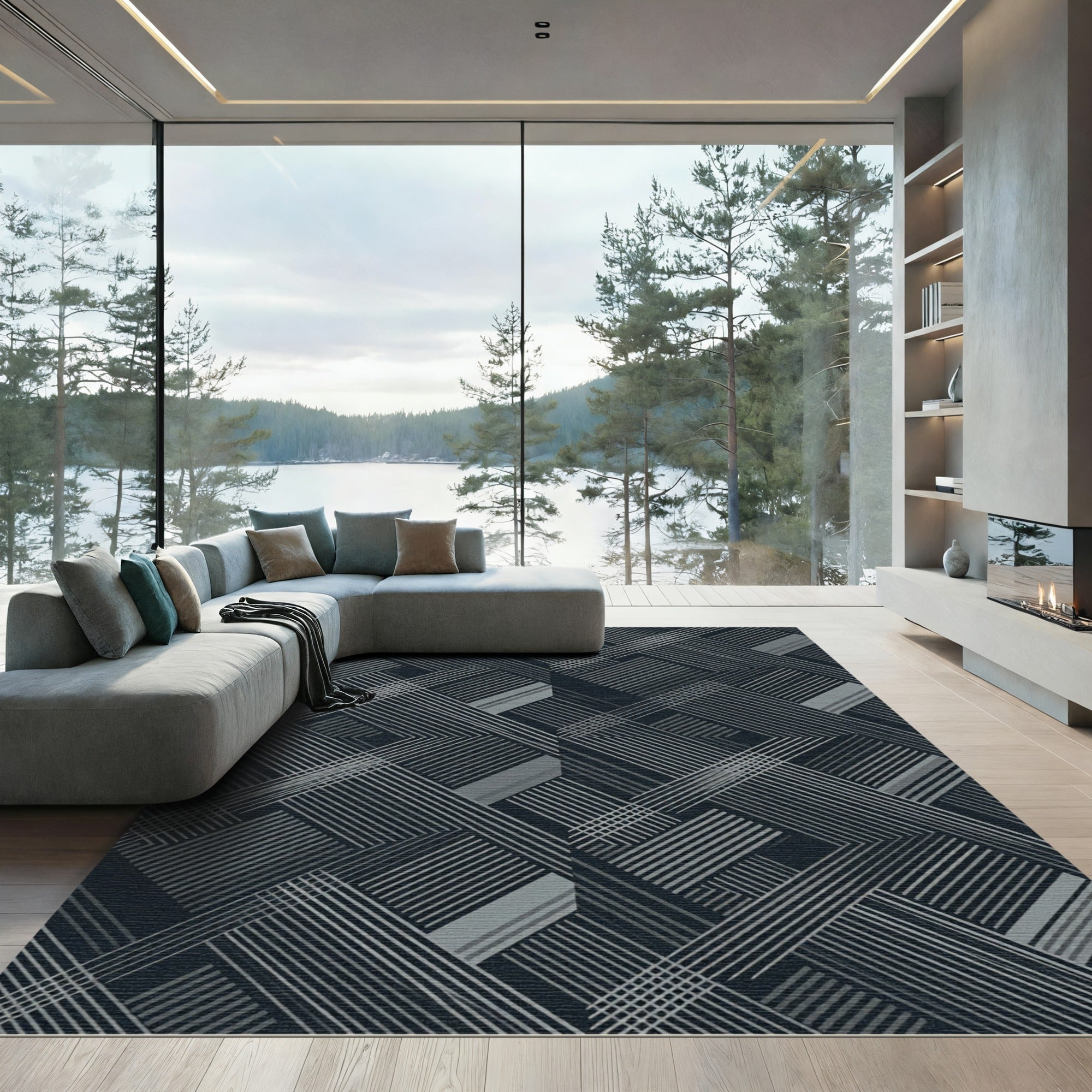 Modern Charcoal Gray Intersecting Linear Rug