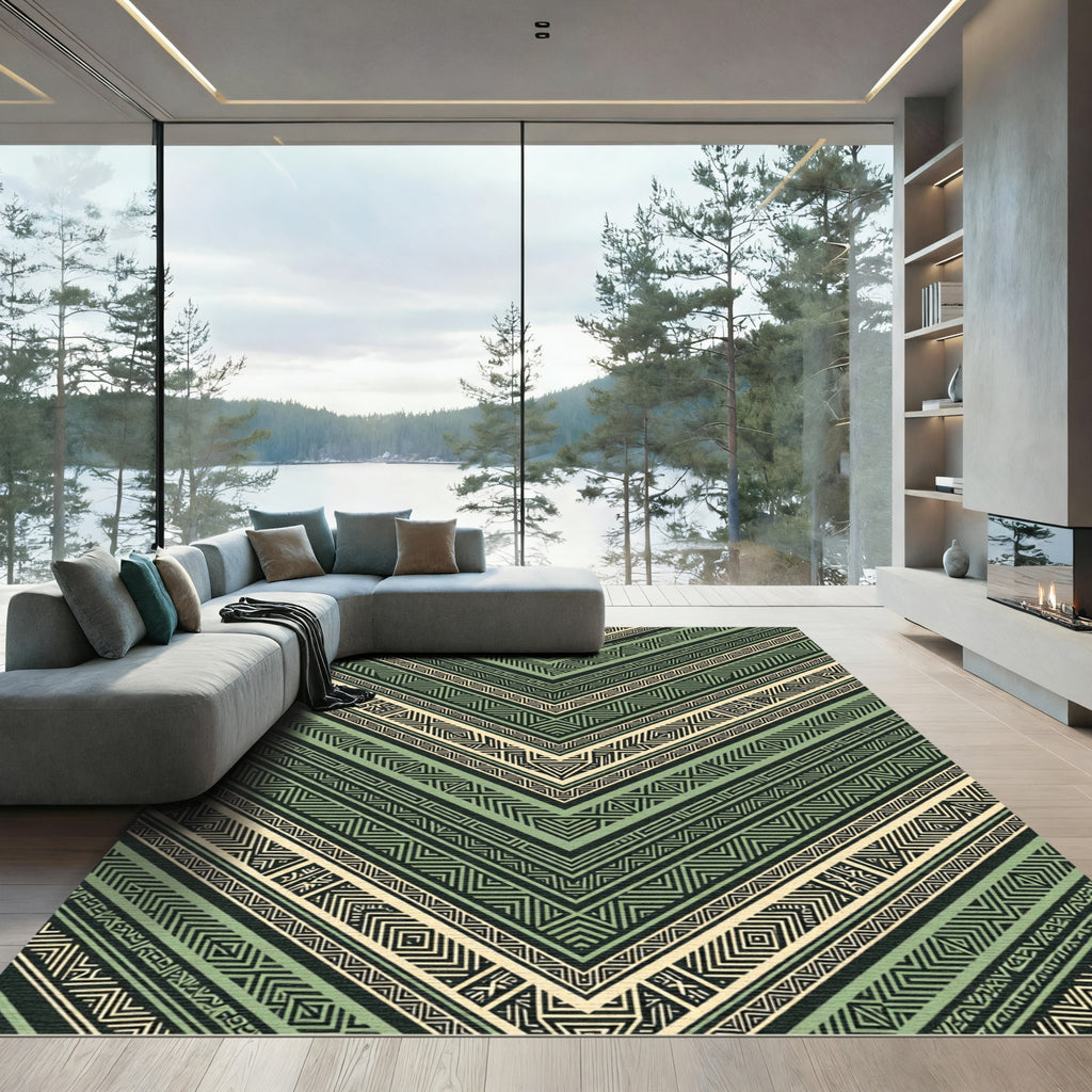 Sage Green Geometric Chevron Aztec Art Rug