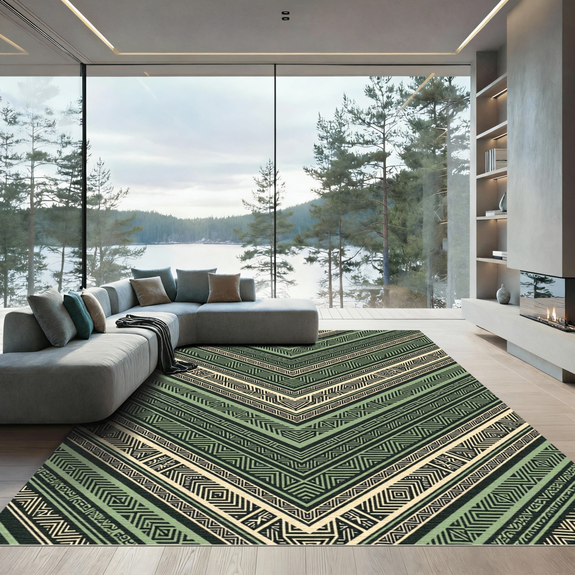 Sage Green Geometric Chevron Aztec Art Rug