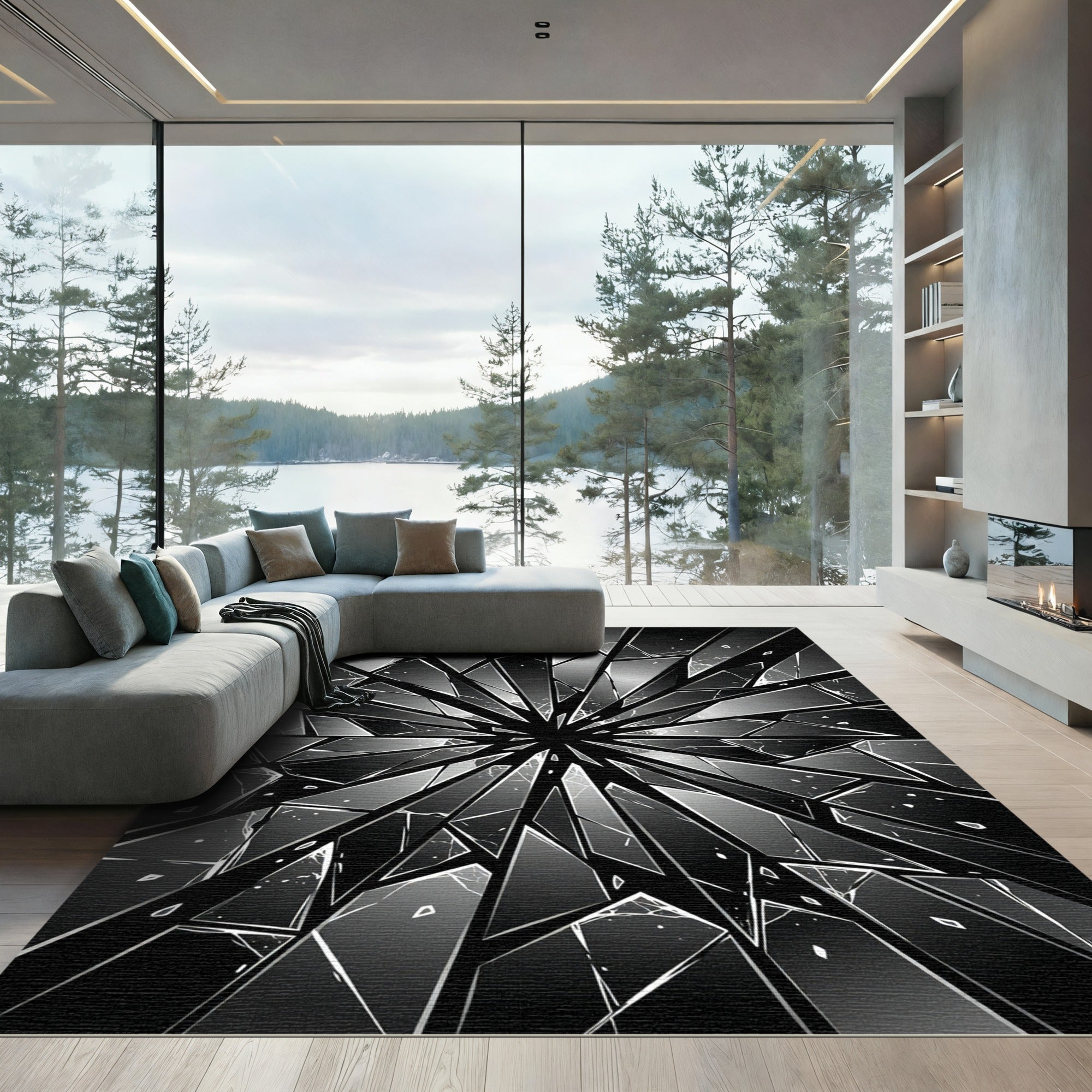 Monochrome Shattered Glass Geometric Area Rug