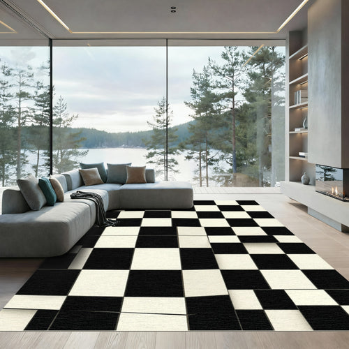 Abstract Monochrome Checkerboard Deconstructed Grid Rug