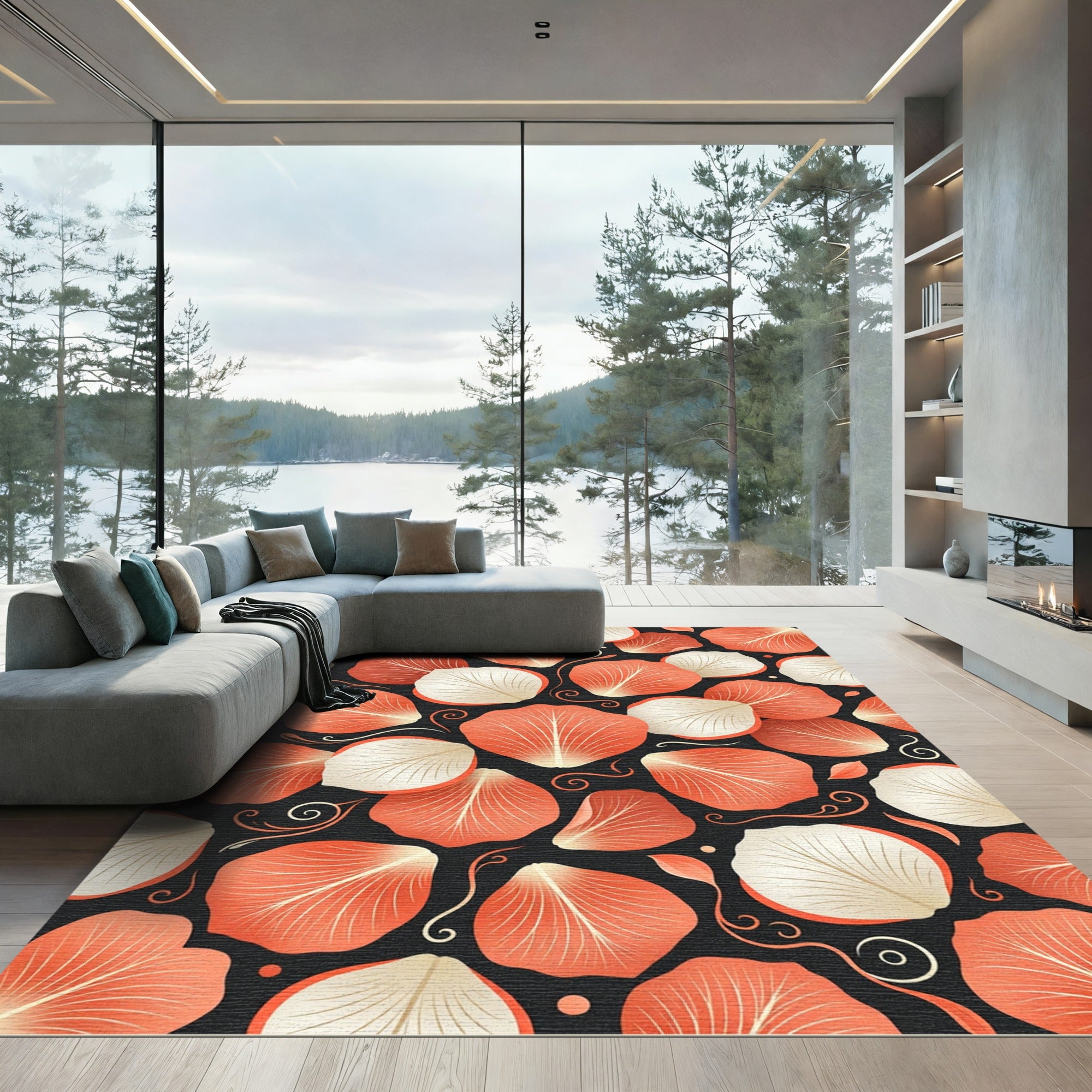 Coral and Cream Flower Petal Collage Rug
