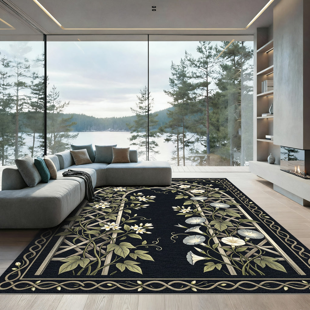 Black Botanical Trellis with Garden Flowers Rug