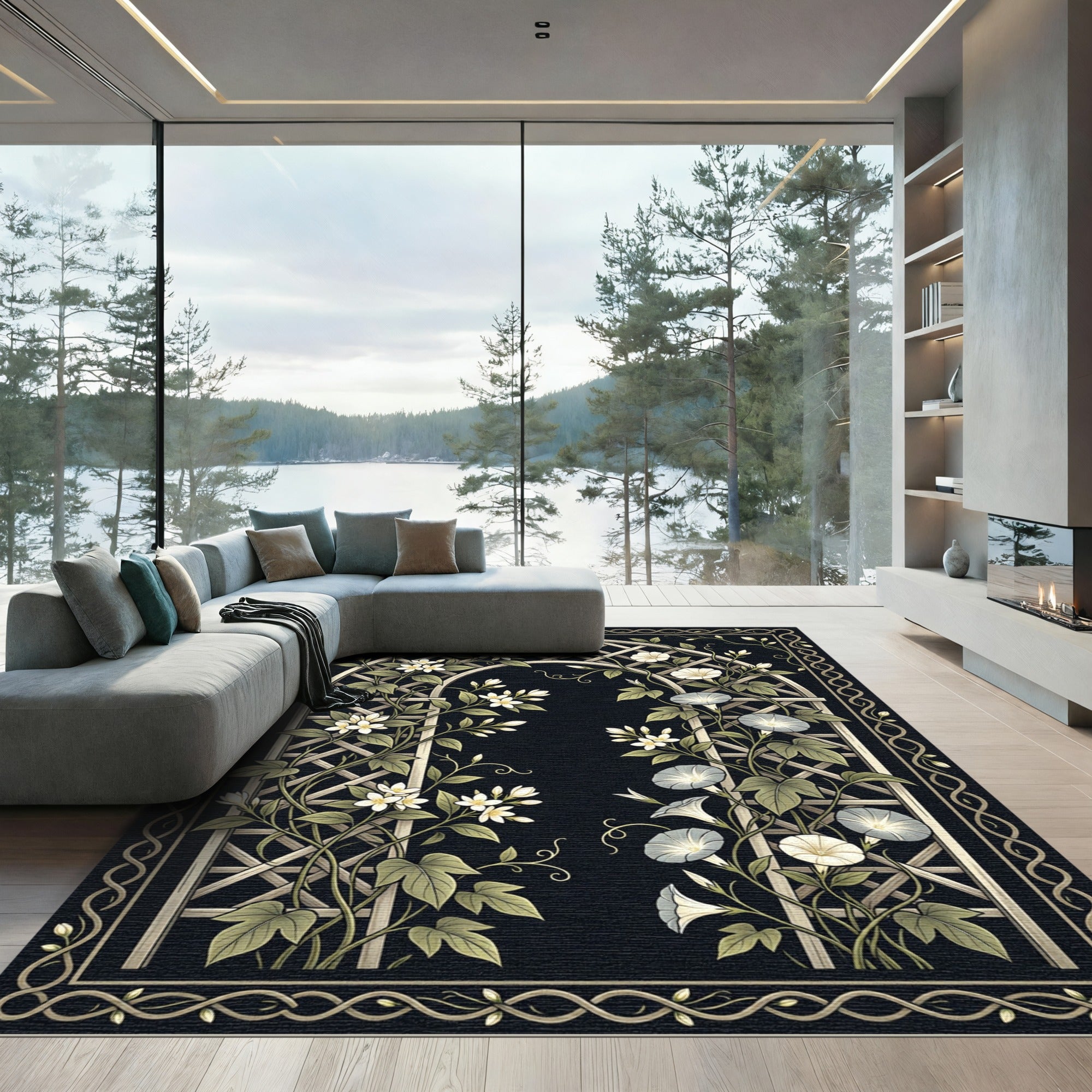 Black Botanical Trellis with Garden Flowers Rug
