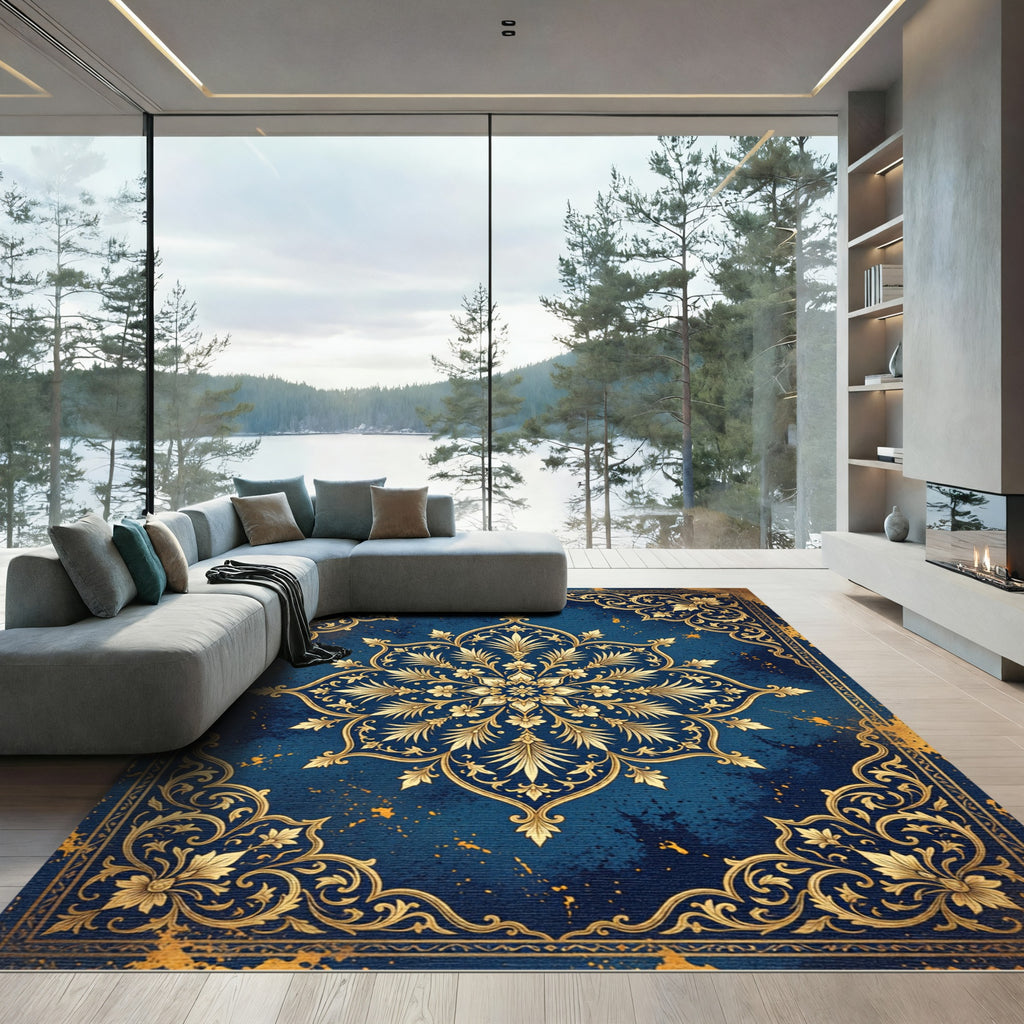 Ornate Gold Floral Medallion Navy Rug