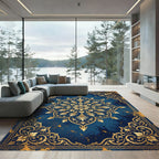 Ornate Gold Floral Medallion Navy Rug