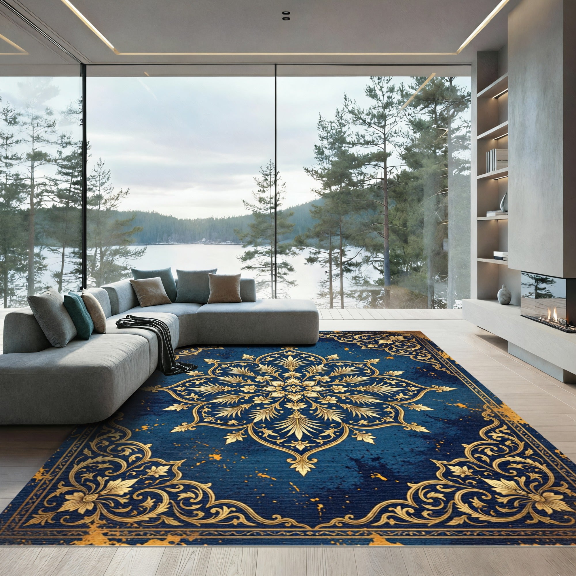Ornate Gold Floral Medallion Navy Rug