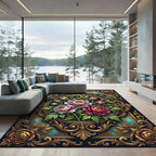 Ornate Floral Peony Gold Medallion Rug