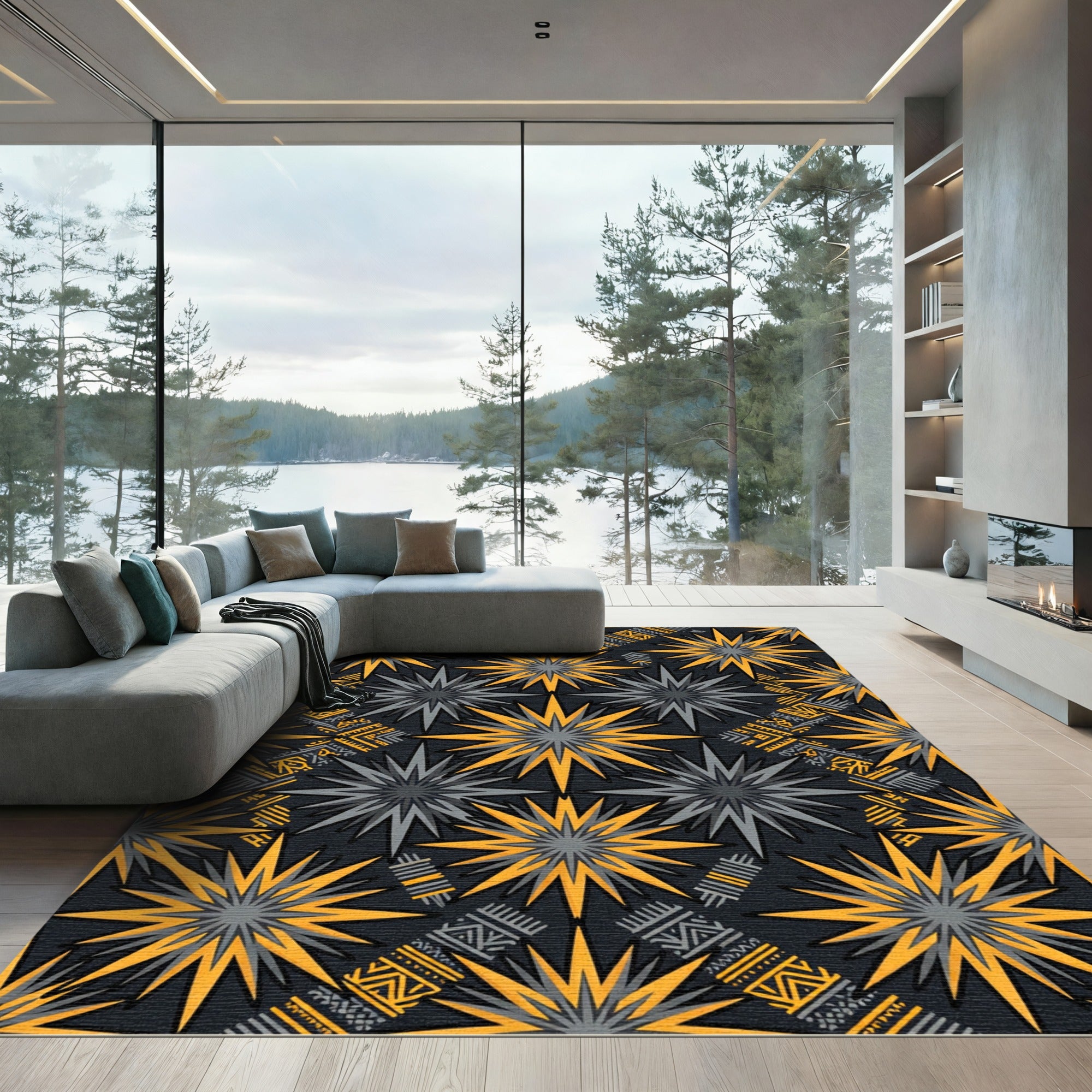 Golden Celestial Geometric Starry Gray Rug