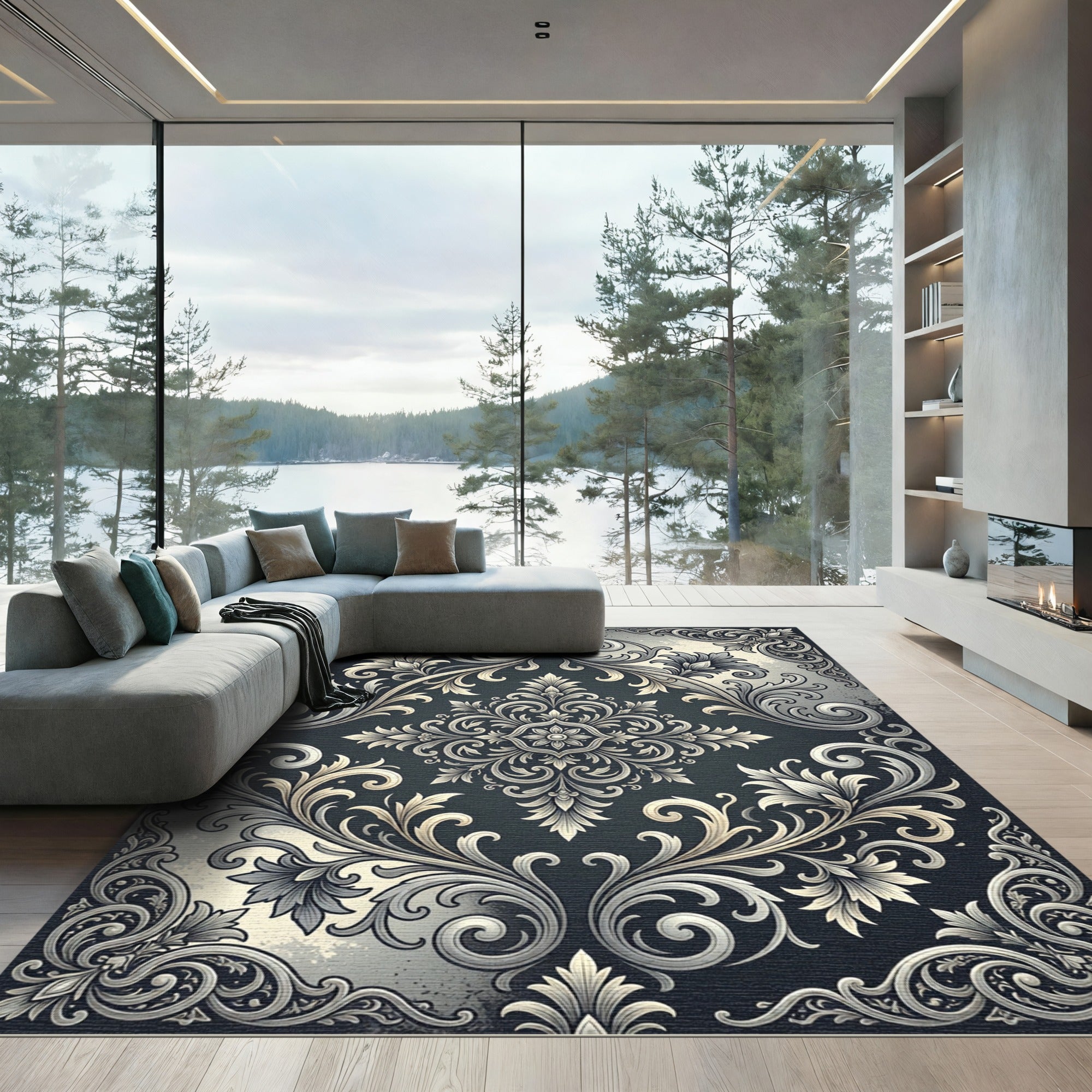 Elegant Charcoal Silver Damask Scroll Rug