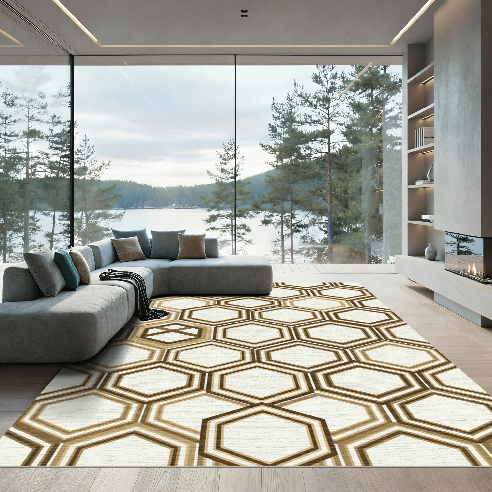 Geometric Honeycomb Cream and Bronze Rug