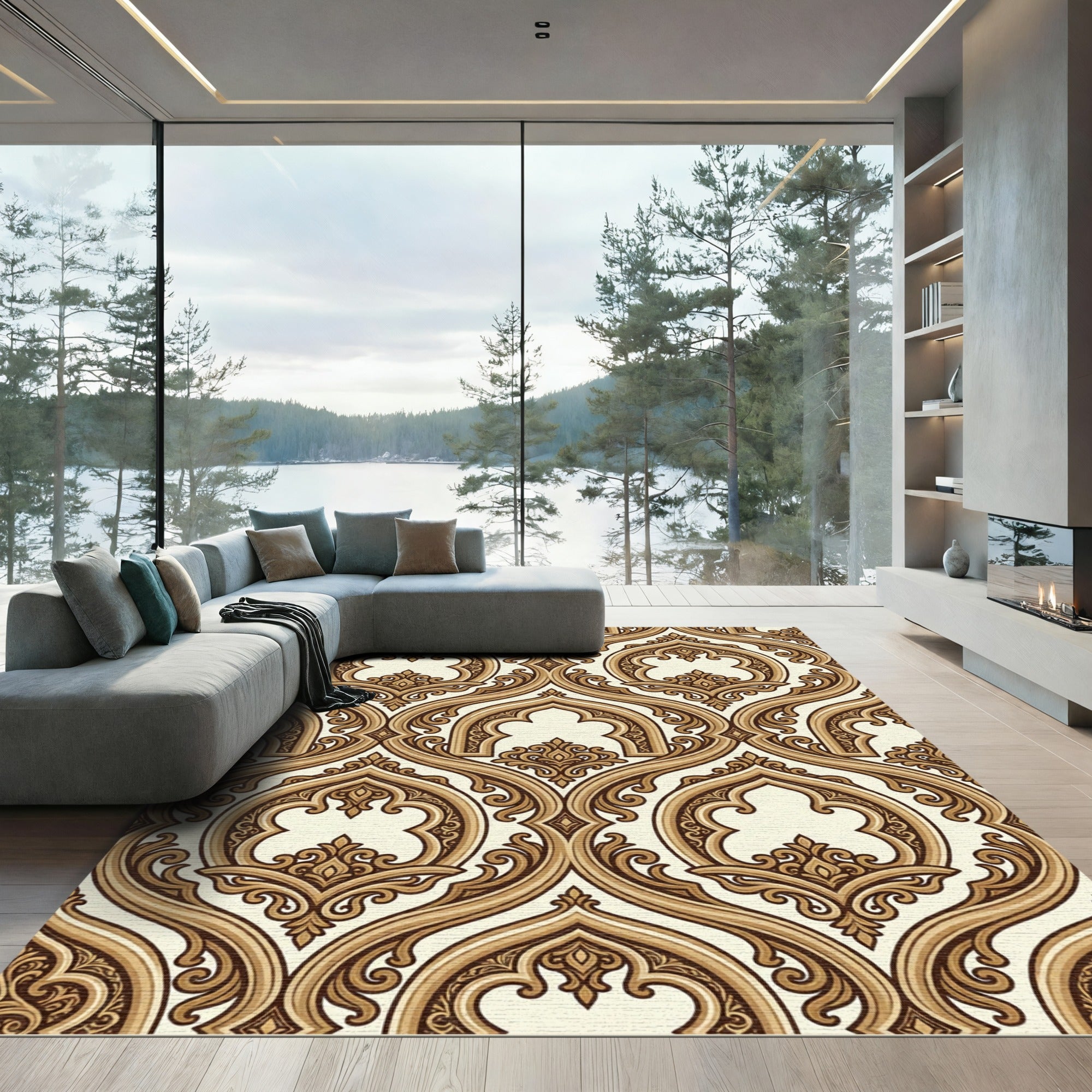 Ornate Golden Arabesque Scroll Rug