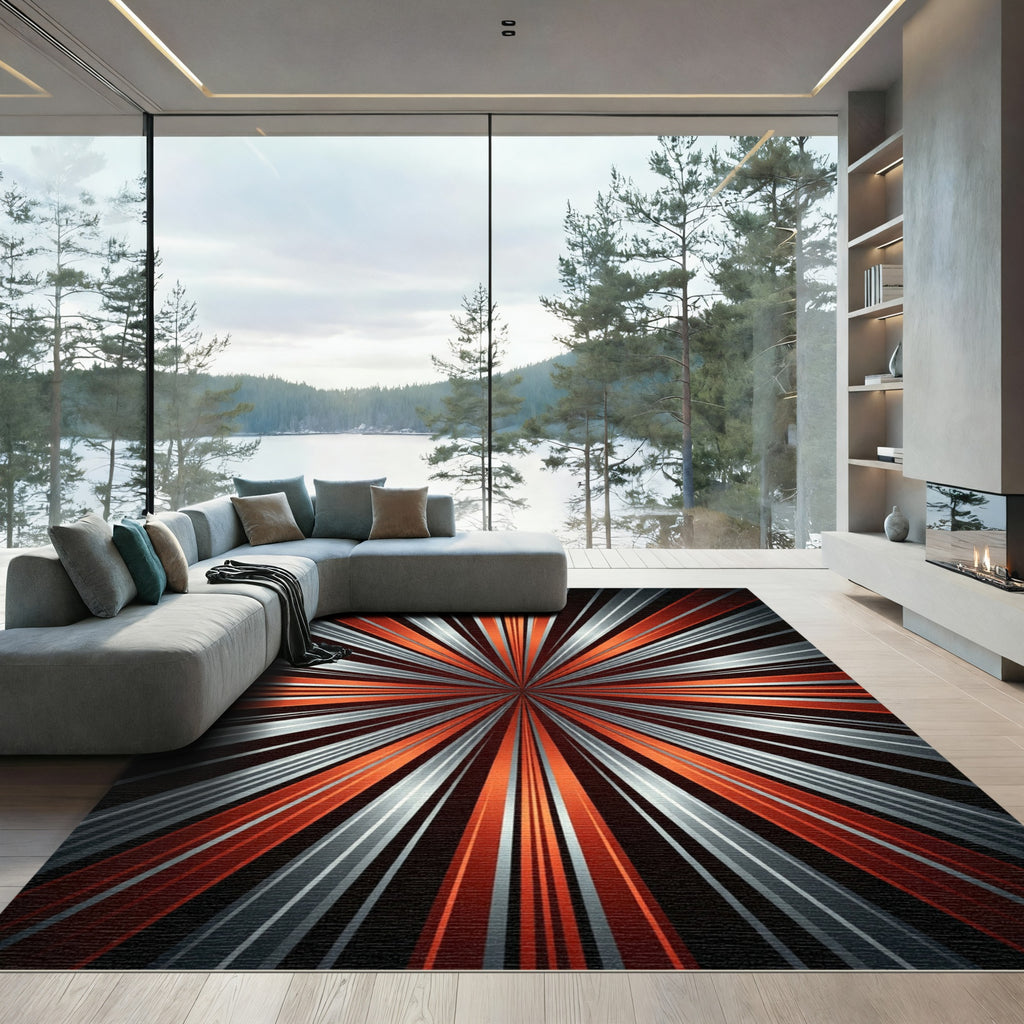 Fiery Orange Silver Sunburst Rug