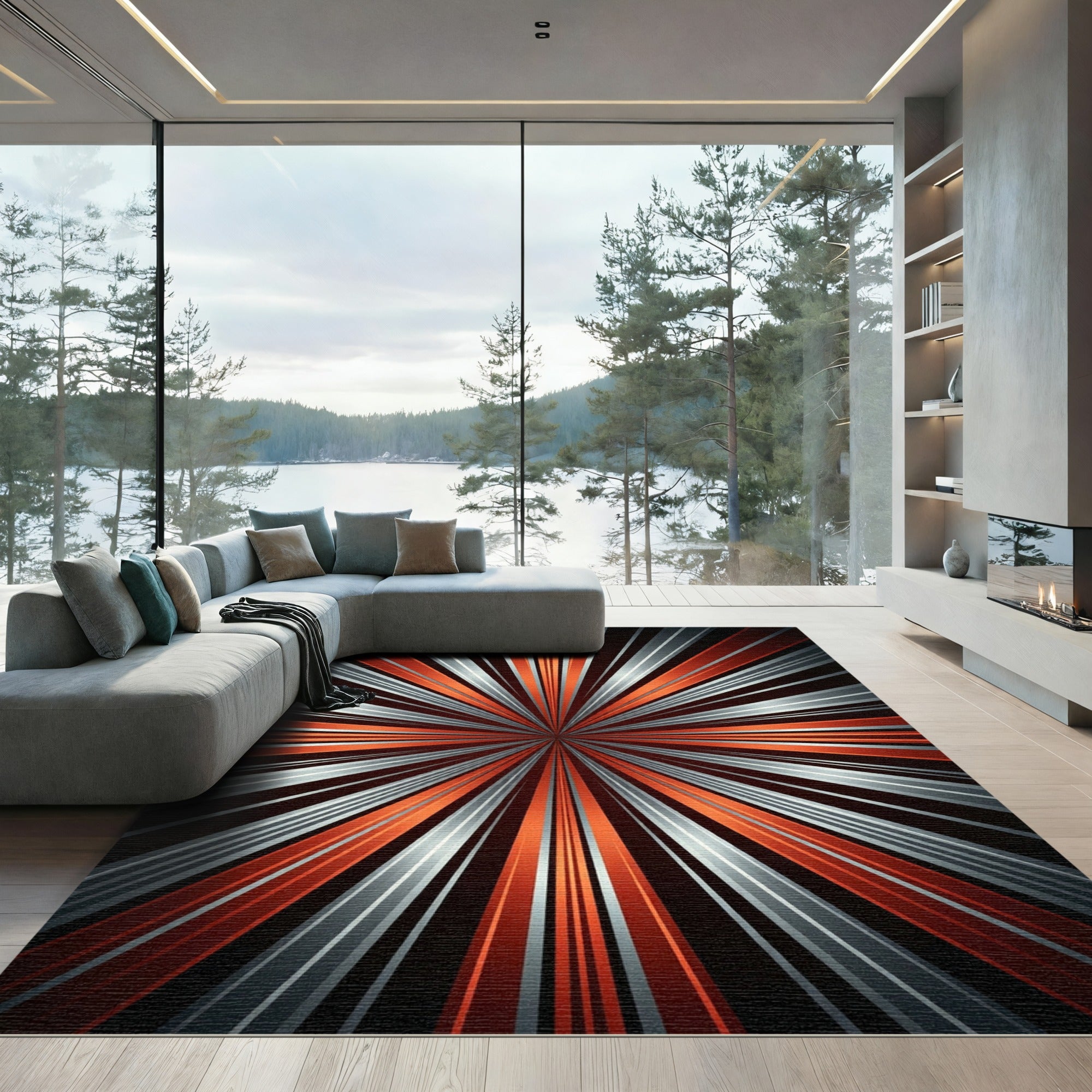 Fiery Orange Silver Sunburst Rug