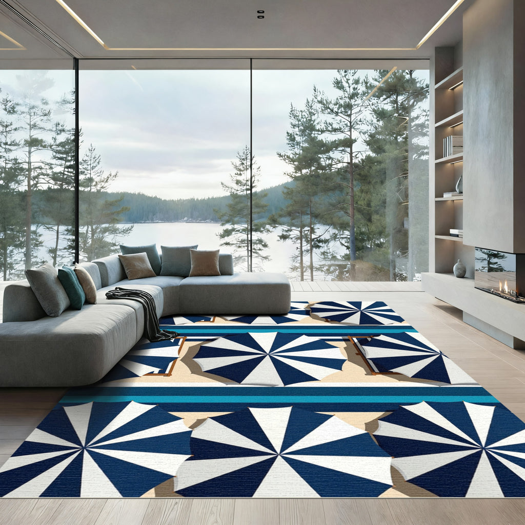 Blue and White Striped Beach Parasol Rug