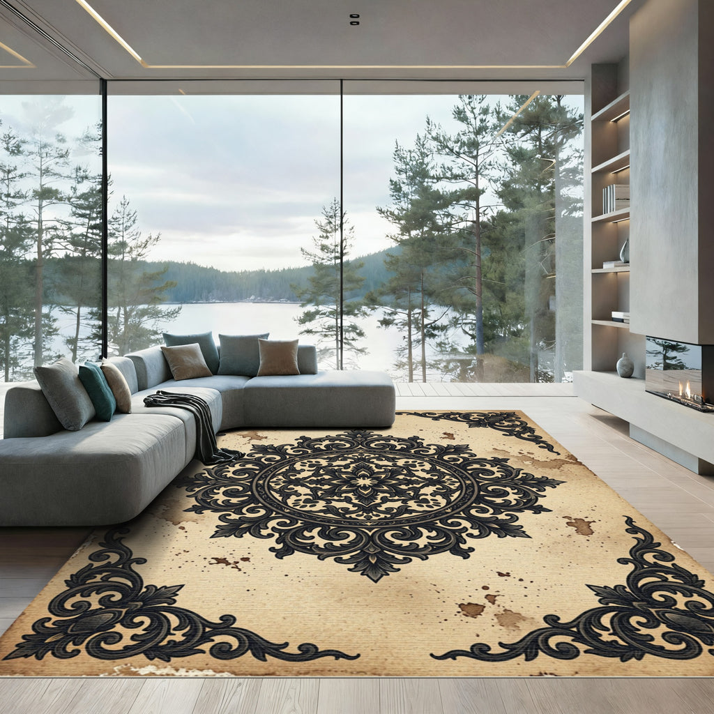 Vintage Charcoal Scrollwork Damask Medallion Rug