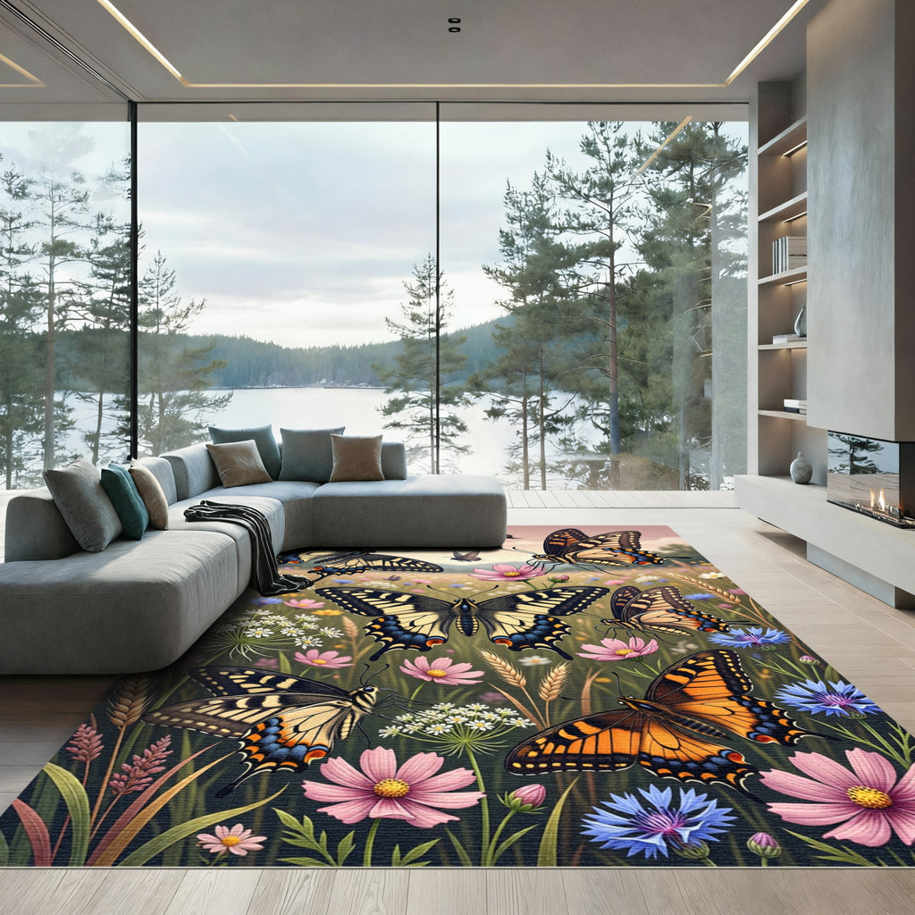 Whimsical Golden Butterfly Meadow Garden Rug
