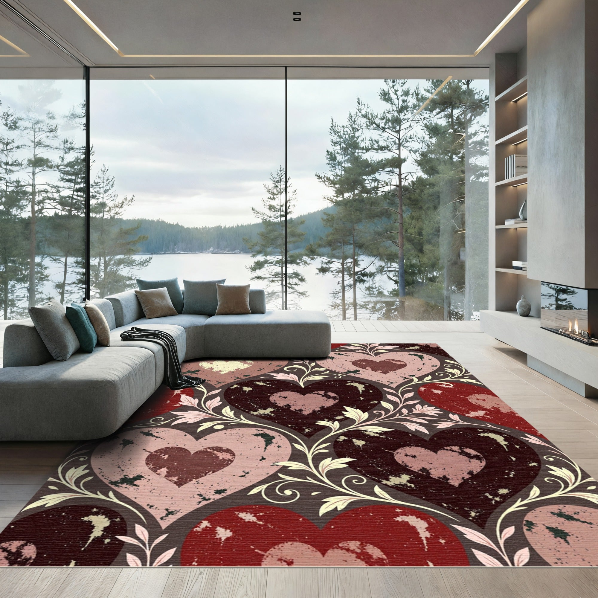 Distressed Romantic Heart Floral Scroll Rug