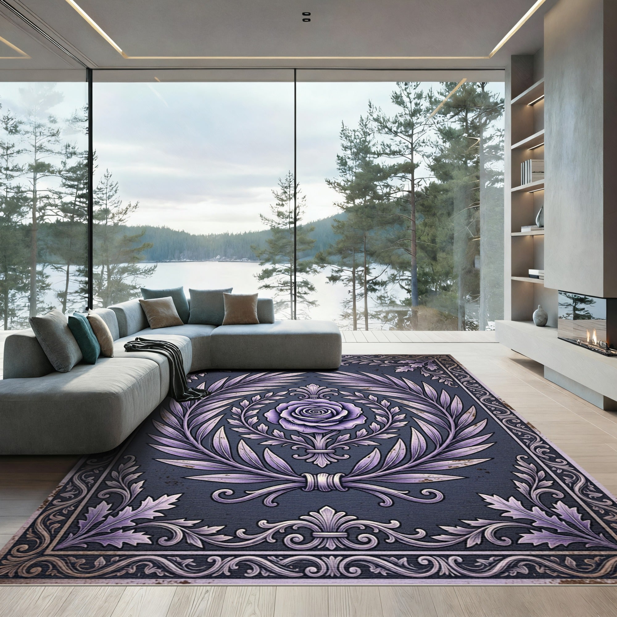 Elegant Lilac Floral Laurel Emblem Rug