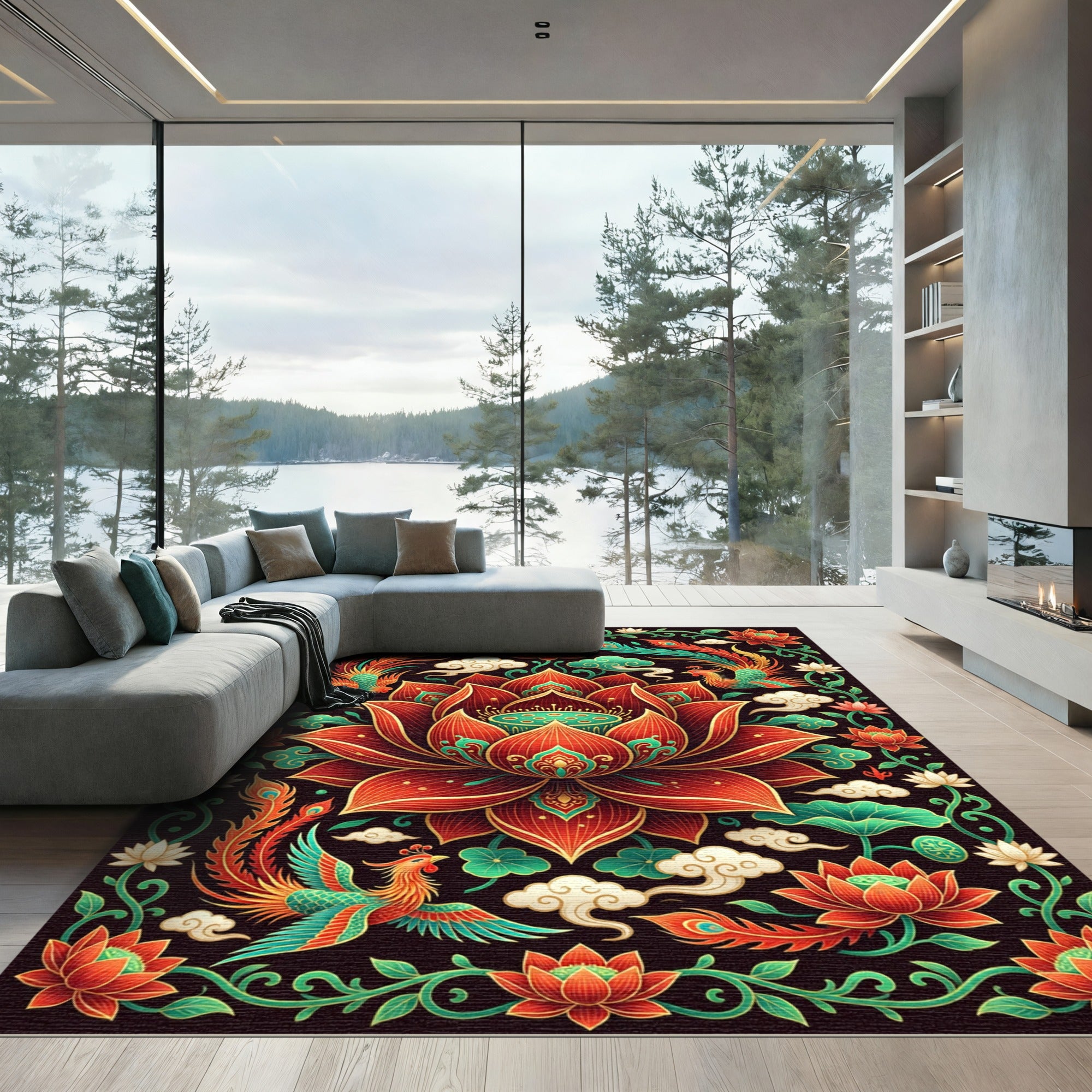 Vibrant Phoenix Lotus Red Floral Medallion Rug