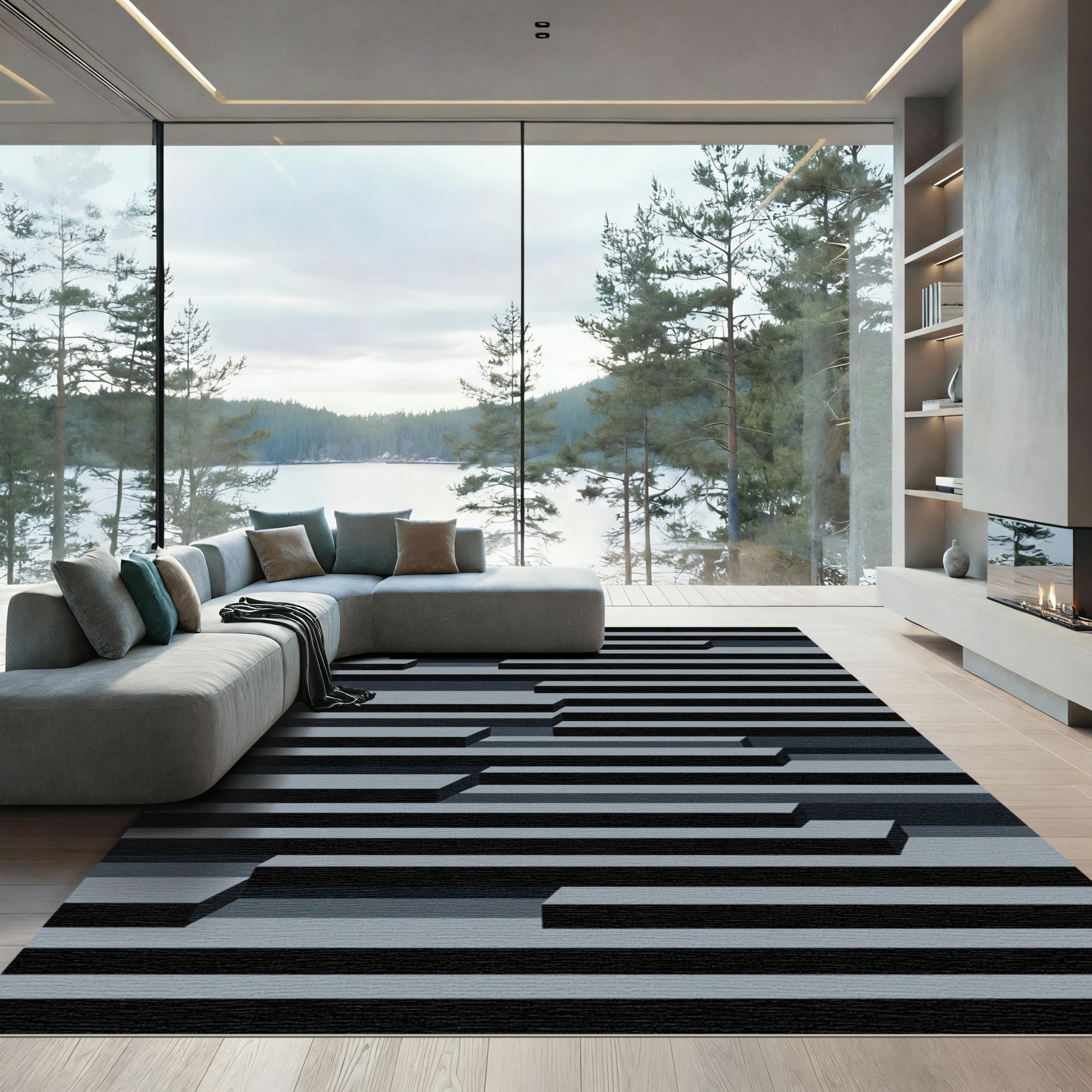 Minimalist Gray Monochromatic Geometric Layered Rug