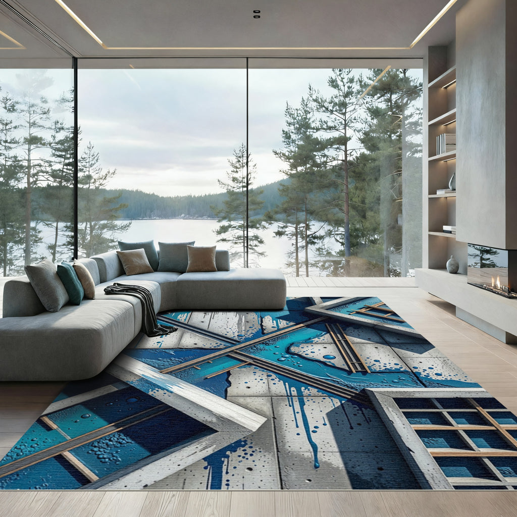 Abstract Blue Drip Concrete Frame Rug